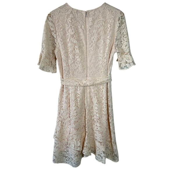 DKNY Blush Pink Lace Ruffle Dress Belted Short Sleeve Size 12 Cocktail Wedding - Picture 6 of 8